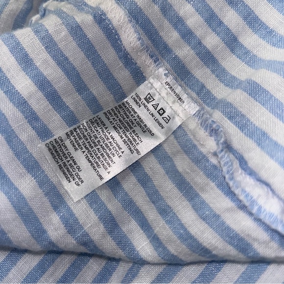 Saks Fifth Avenue 100% Linen Blue White 3/4 Sleeve Off Shoulder Maxi Dress - Picture 9 of 16